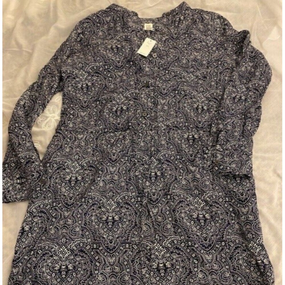 Gap Blue Print Drawstring Dress, with pockets XS petite NEW